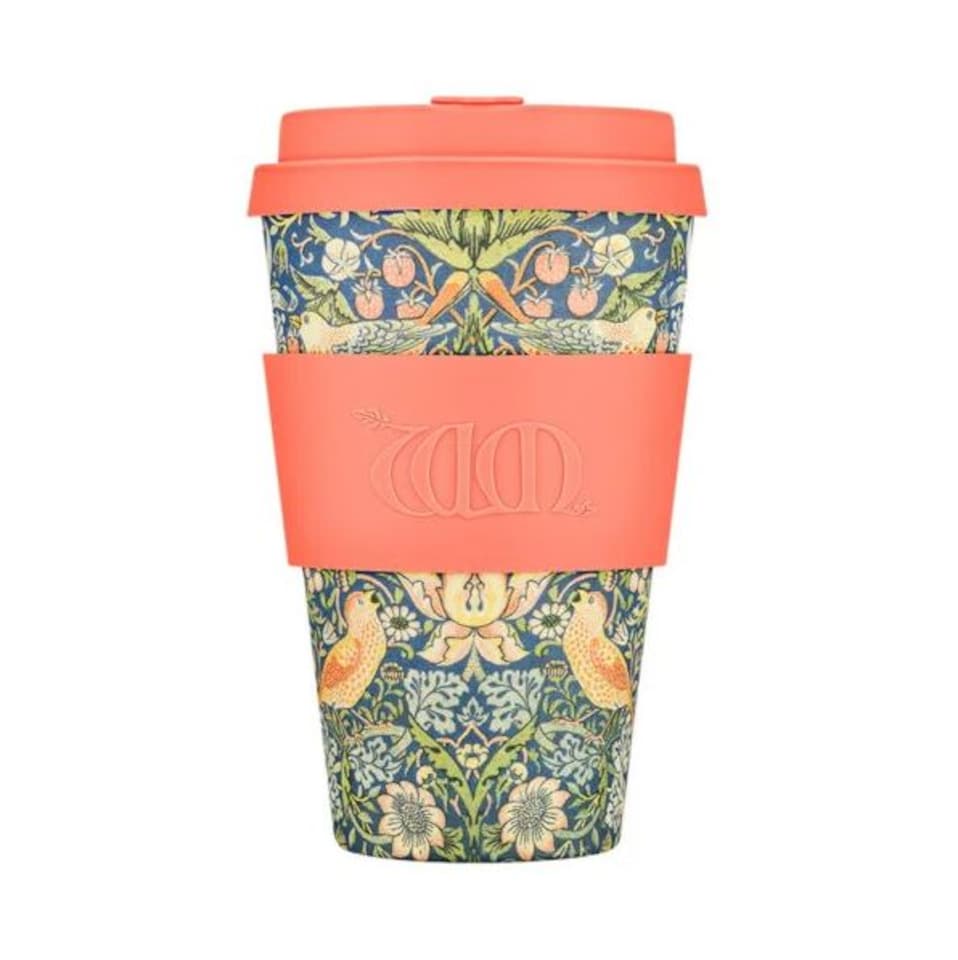 image 1 of Ecoffee Cup 14oz 400ml William Morris Design Reusable Eco-Friendly, Plant Based Coffee Cup with Silicone Lid & Sleeve, Strawberry Thief | Multi | Strawberry Thief