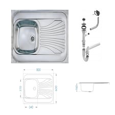 Kitchen Sink Single Bowl Sit On with Drainer Stainless Steel 800 x 600 mm Prima