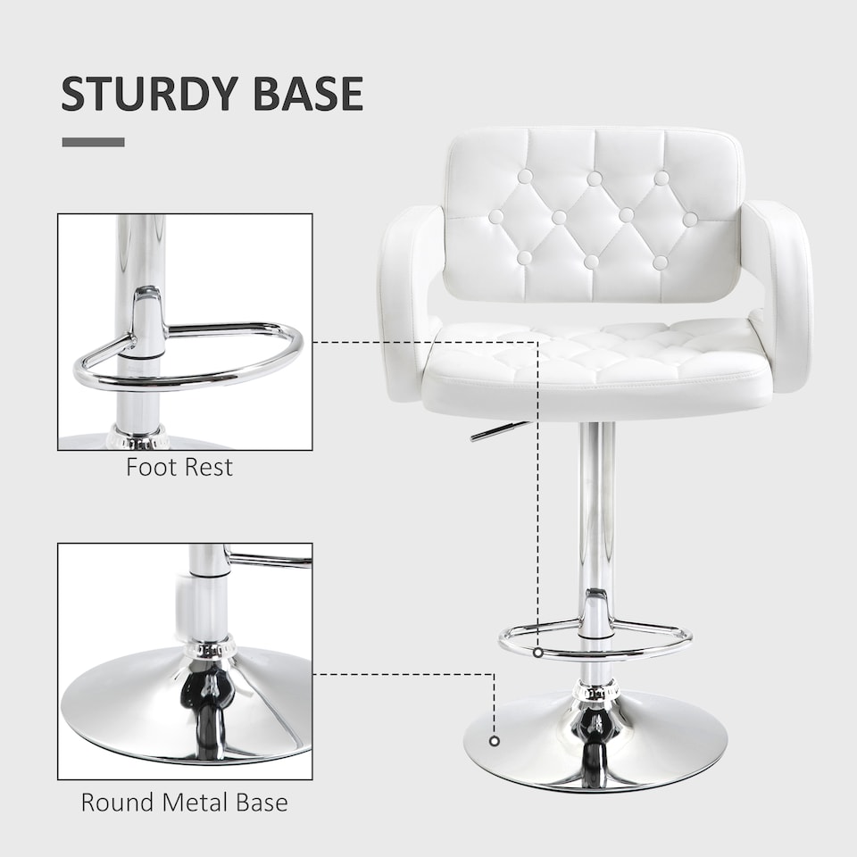 image 1 of HOMCOM Swivel Bar Stool with Extra Large Seat, PU Leather Upholstered Adjustable Barstool with Back, Arm and Footrest, Breakfast Bar Chair for Bistro, Kitchen, White