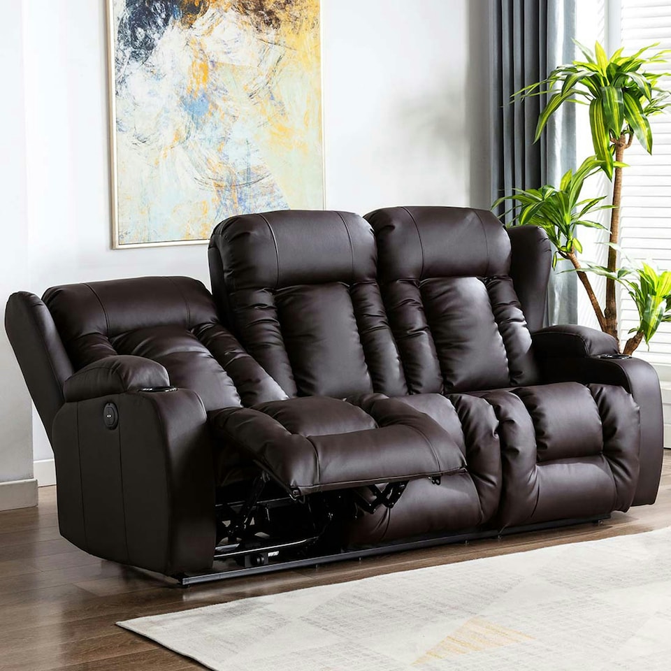 image 1 of Caesar 3 Seater Electric High Back Bonded Leather Recliner Sofa (Brown)