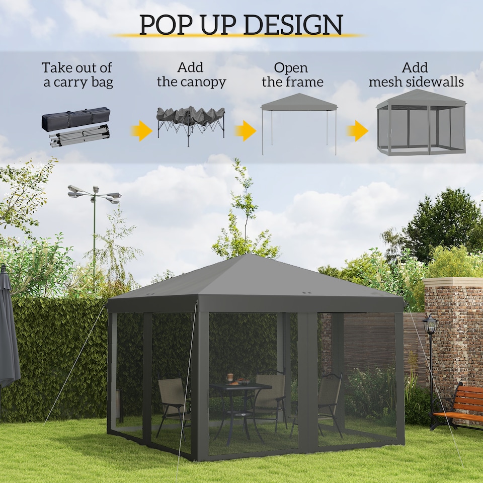 image 1 of Outsunny 3 x 3 m Pop Up Gazebo 420D Garden Tent Canopy with Removable Mesh Sidewall Netting Carry Bag for Garden Patio Outdoor Light Grey