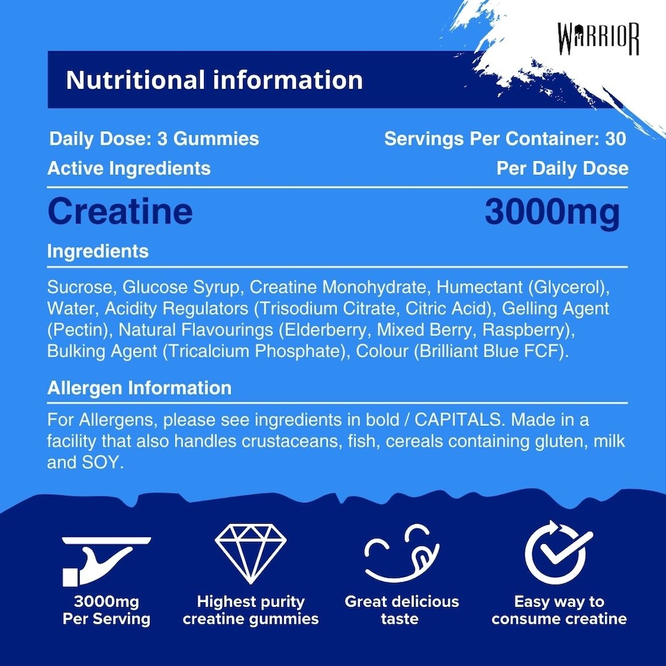 image 1 of Warrior Creatine Monohydrate Gummies – 3000mg Creatine per Serving, Chewable & No-Mix – Blue Razz, 90 Gummies (30 Servings)