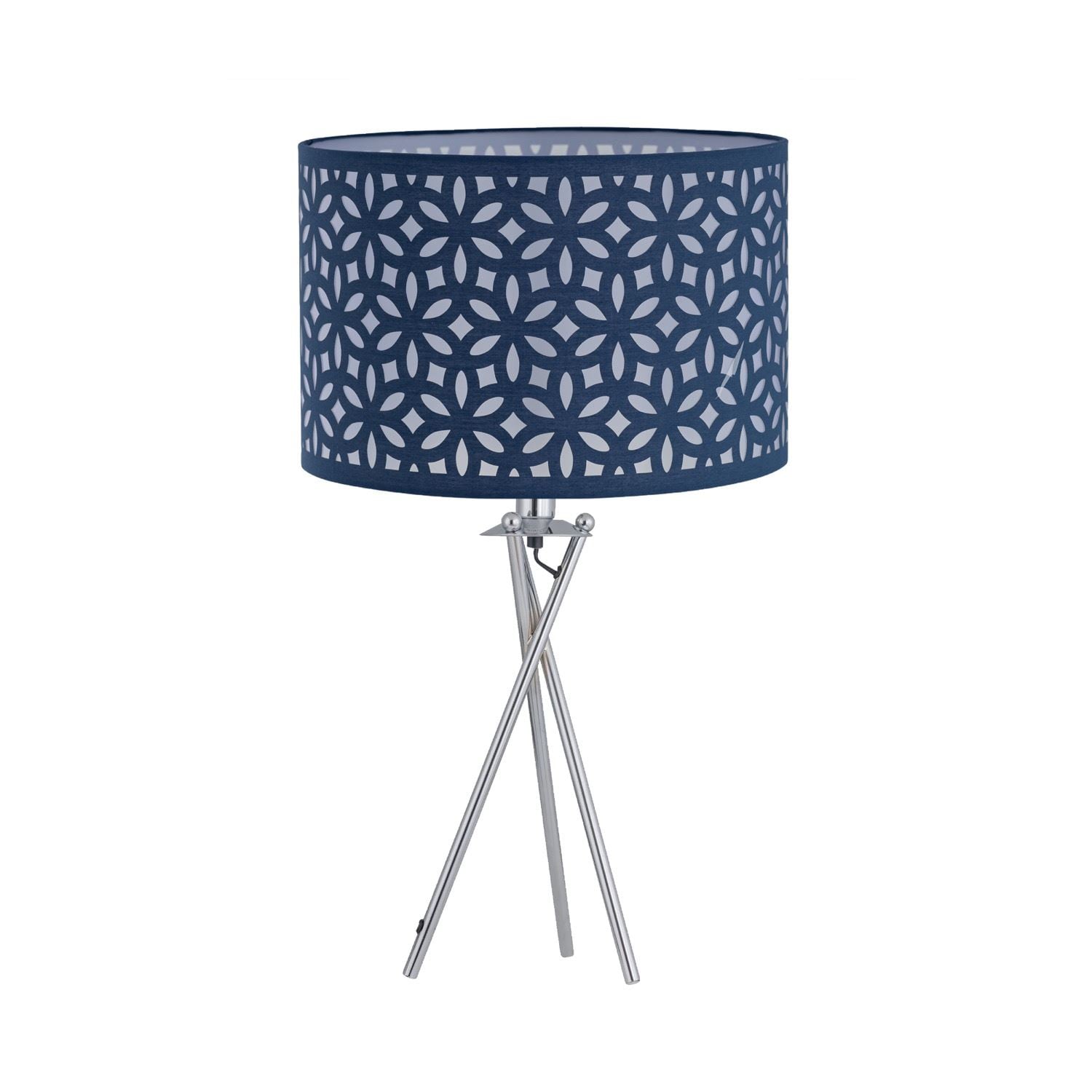 First Choice Lighting Chrome Tripod Table Lamp with Navy Blue Laser Cut Shade in Silver