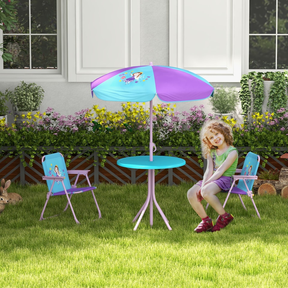image 1 of Outsunny Kids Bistro Table and Chair Set w/ Fairy Theme, Adjustable Parasol