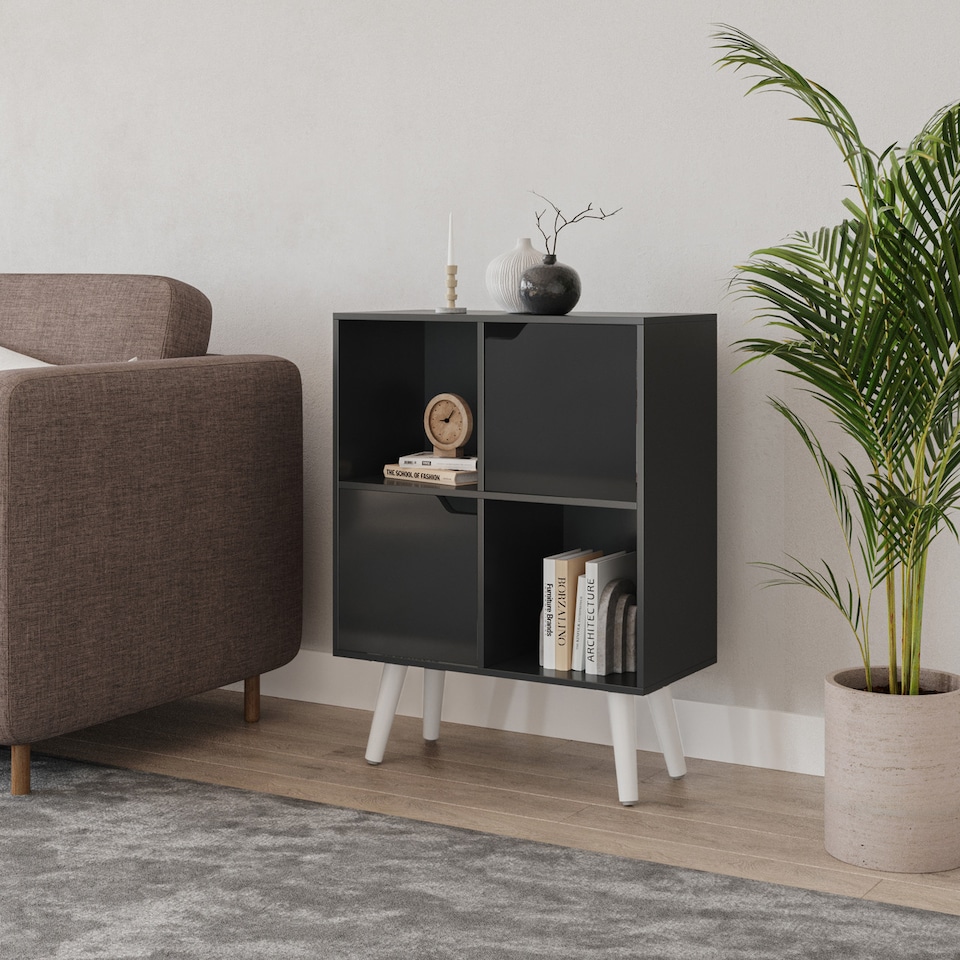 image 1 of Black 4-Cube Storage Unit with 2 Wooden Doors and Legs | Black | Black & White | 1