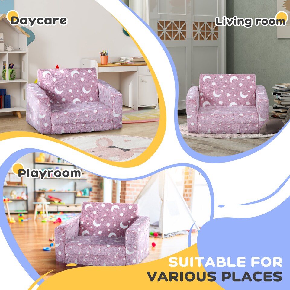image 1 of AIYAPLAY Kids Sofa Bed, Folding Toddler Armchair, Glow in The Dark Star Moon | Pink | One Size