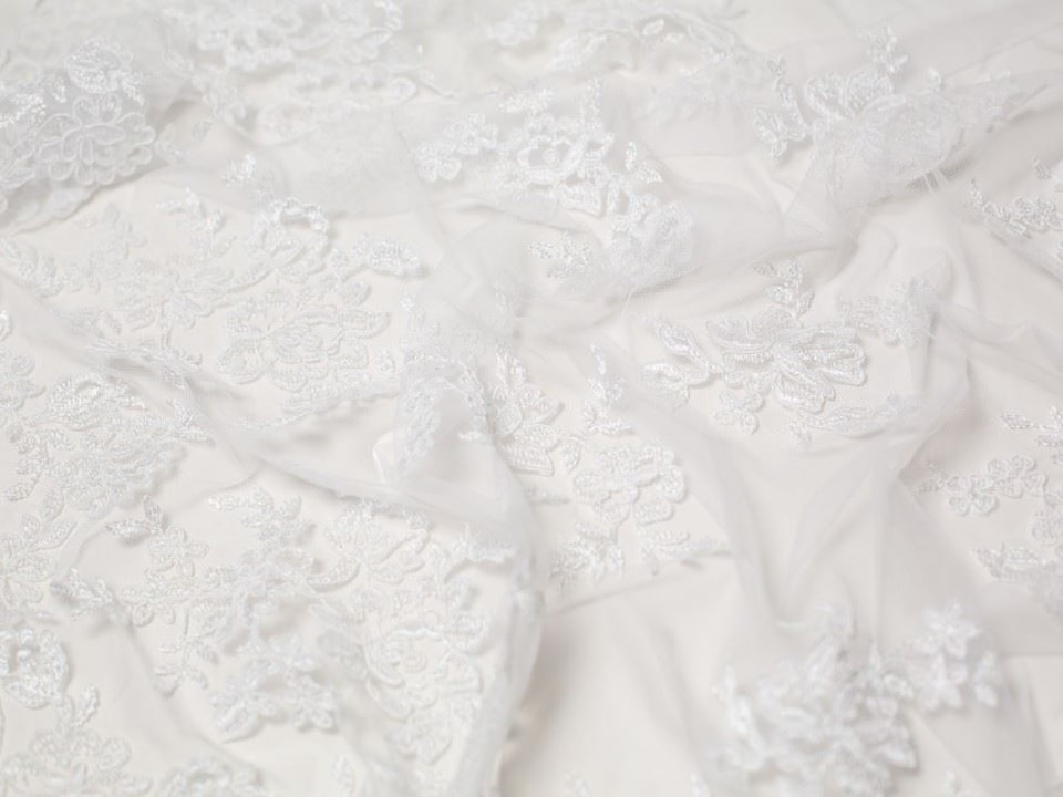 Minerva Core Range White Naomi Embroidered Lace Fabric for Bridal, Dressmaking, 130cm / 51" Wide - per metre