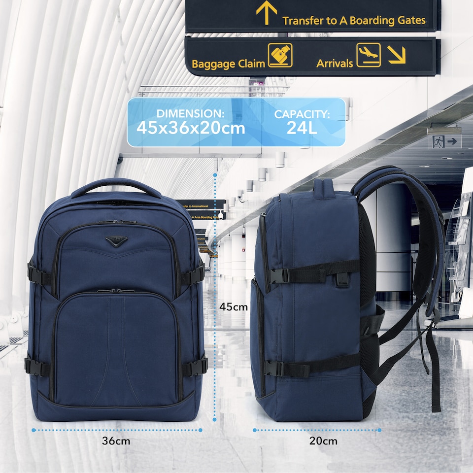 image 1 of Flight Knight Underseat Backpack 45x36x20cm easyJet Free Carry On for Travelling USB Port Padded Comfortable Backpack - Carry On Luggage - Navy | Blue | Navy | 1