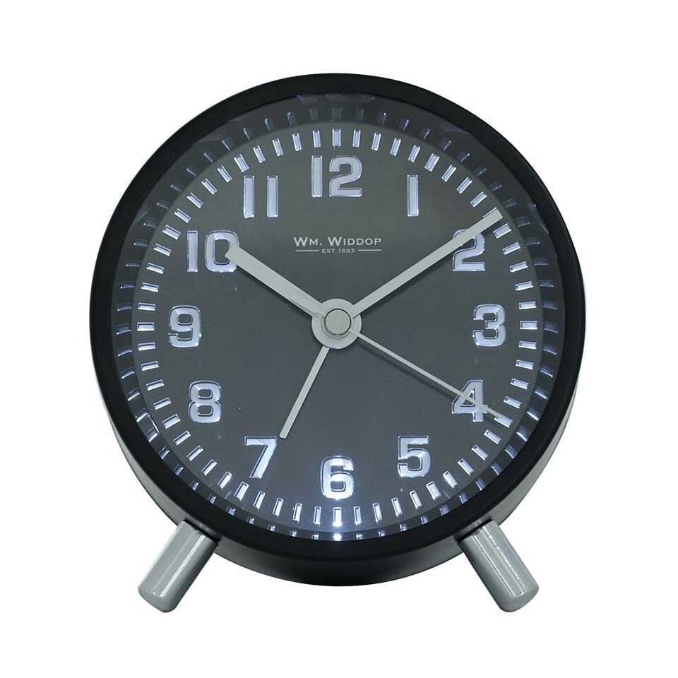 image 1 of Wm.Widdop Round Alarm Clock Sweep Movement with Silver Hands & Feet - Black Black