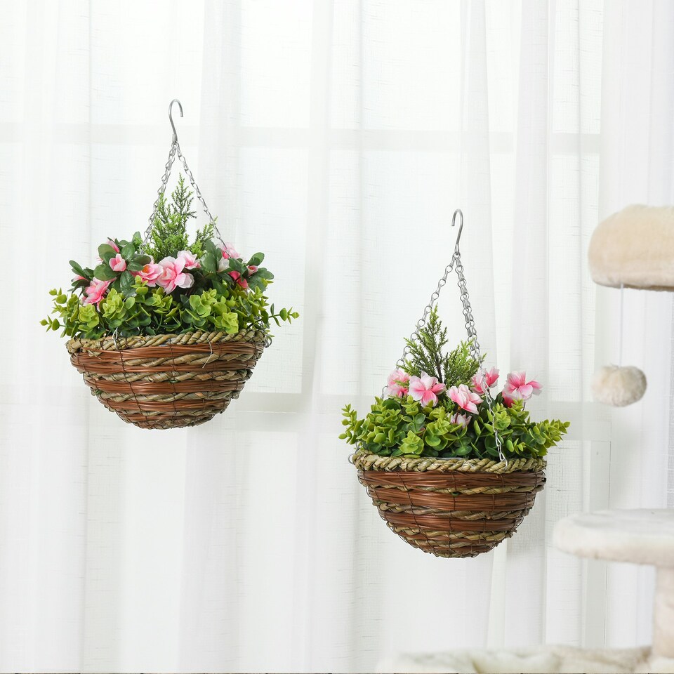 image 1 of Outsunny 2 PCs Artificial Lisianthus Flower Hanging Planter Basket Home