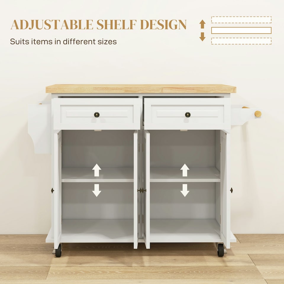 image 1 of HOMCOM Rolling Kitchen Island Cart with Rubber Wood Top, Spices Cream White