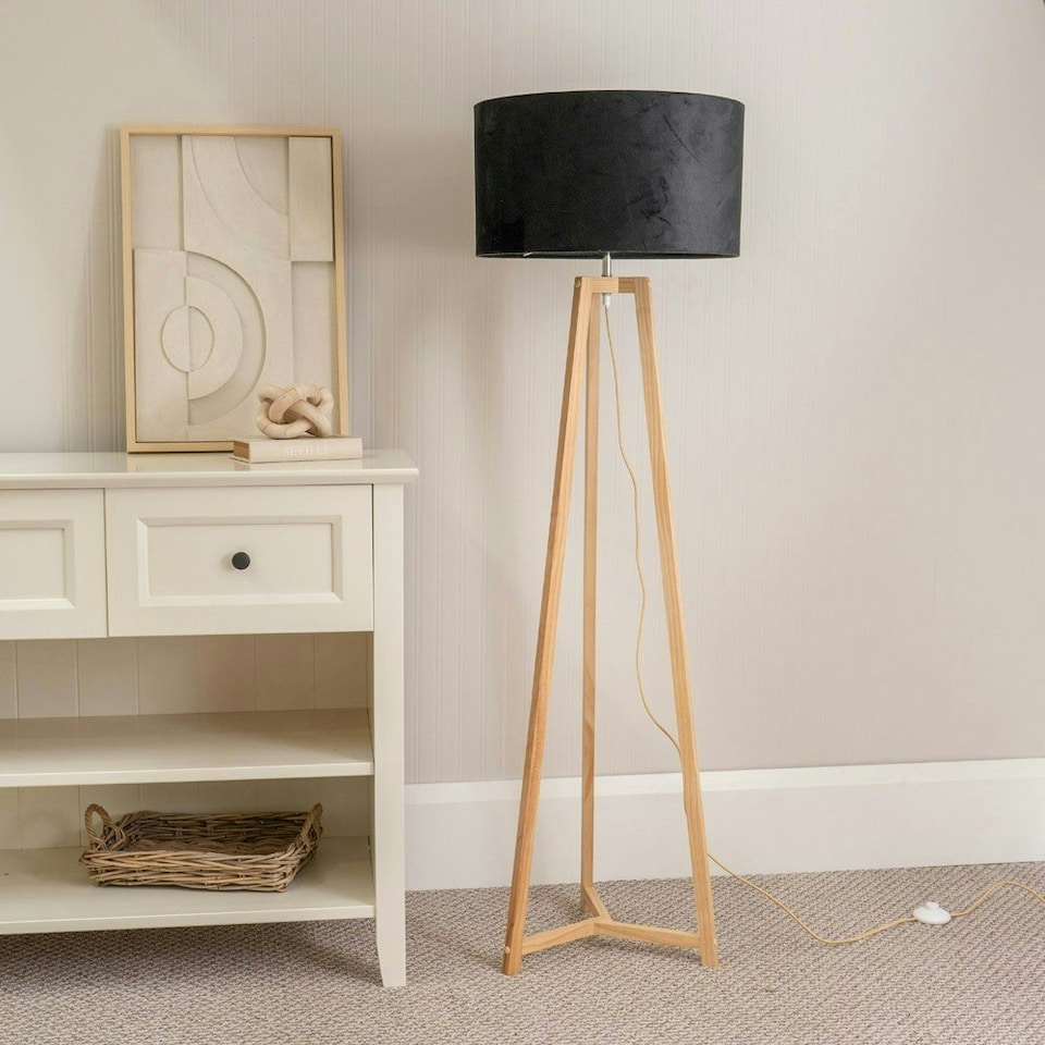 image 1 of ValueLights Lottie Natural Wood Tripod Floor Lamp with Black Velvet Drum Shade