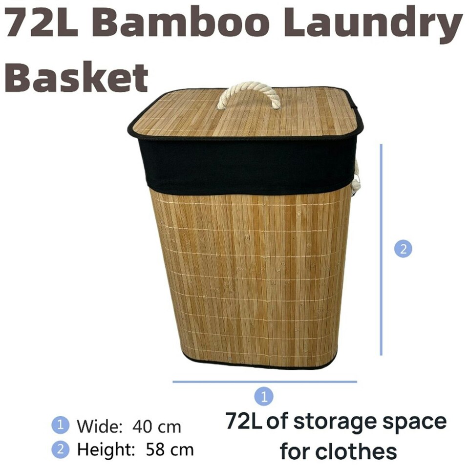 image 1 of Bamboo Laundry Basket with Lid Liner 72L Folding Washing Clothes Bin Hamper Bag Brown