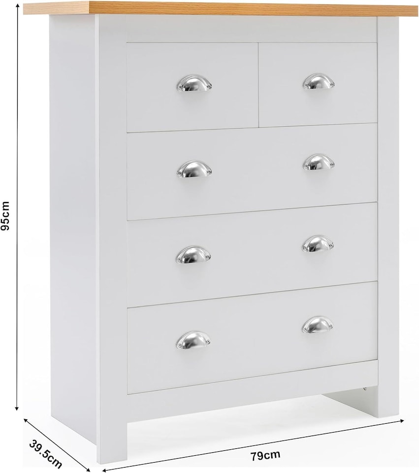 image 1 of 5-Drawer Dresser with Light Wood Top, White Bedroom Storage Chest, Silver Handles, W79cm