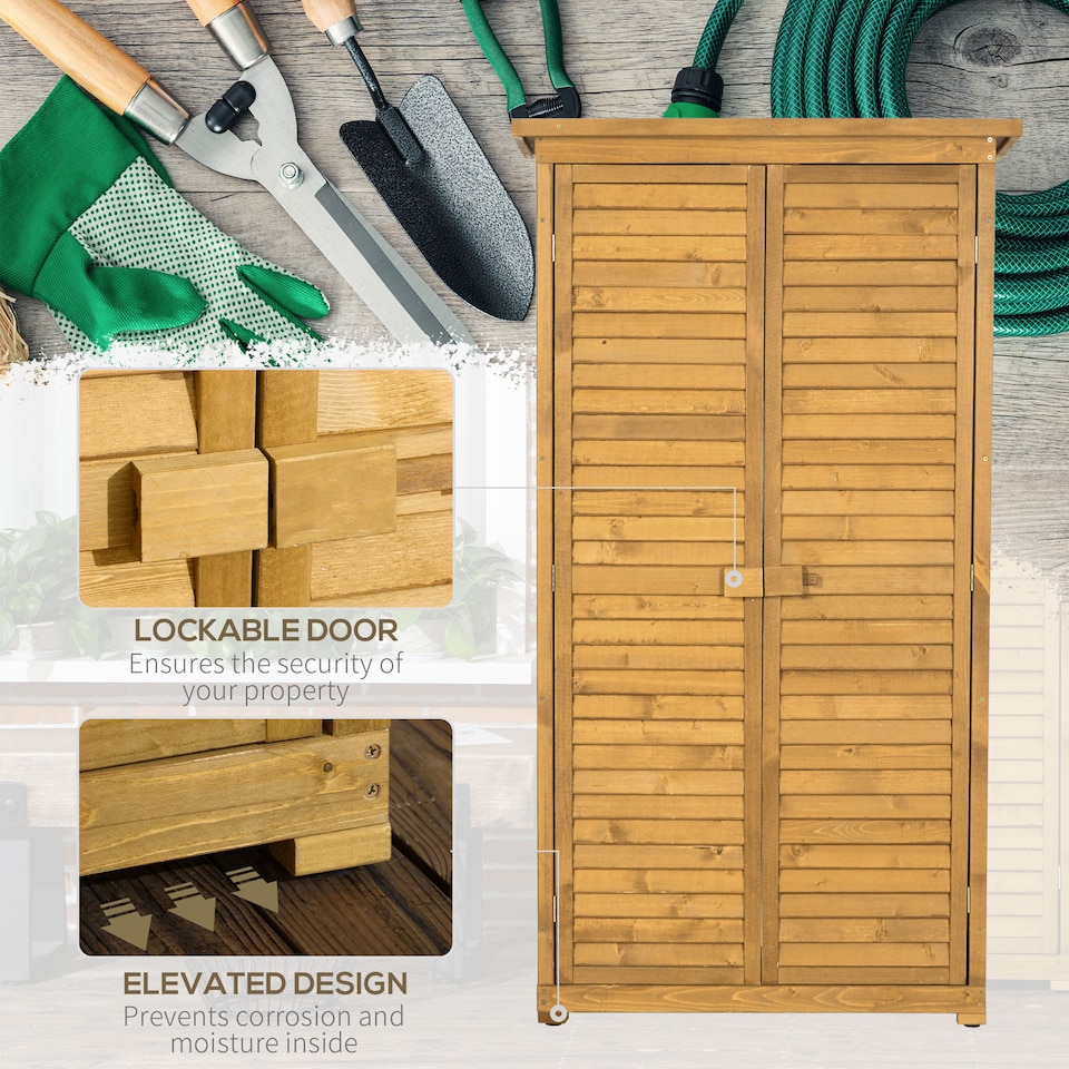 image 1 of Outsunny Small Shed, Wooden Garden Storage Shed, 3 Shelves Outdoor Tool Shed Cabinet with Asphalt Roof and Shutter Doors, 87cm x 47cm x 160cm, Natural Wood Finish