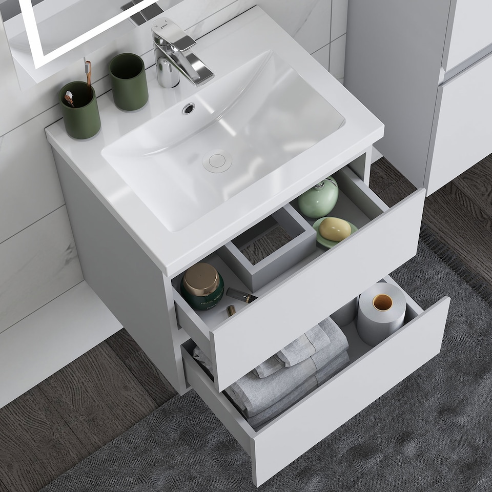 image 1 of AICA 500mm Wall Mounted Bathroom Vanity Unit With Ceramic Basin,2 Soft Close Drawers for Storage,White,Flat packed