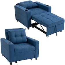HOMCOM 3-in-1 Single Sofa Bed, Convertible Sleeper Chair with Adjustable Backrest, Fabric Pull Out Chair Bed with Pillow, Side Pockets and Cup Holders for Living Room, Bedroom, Dark Blue | Blue