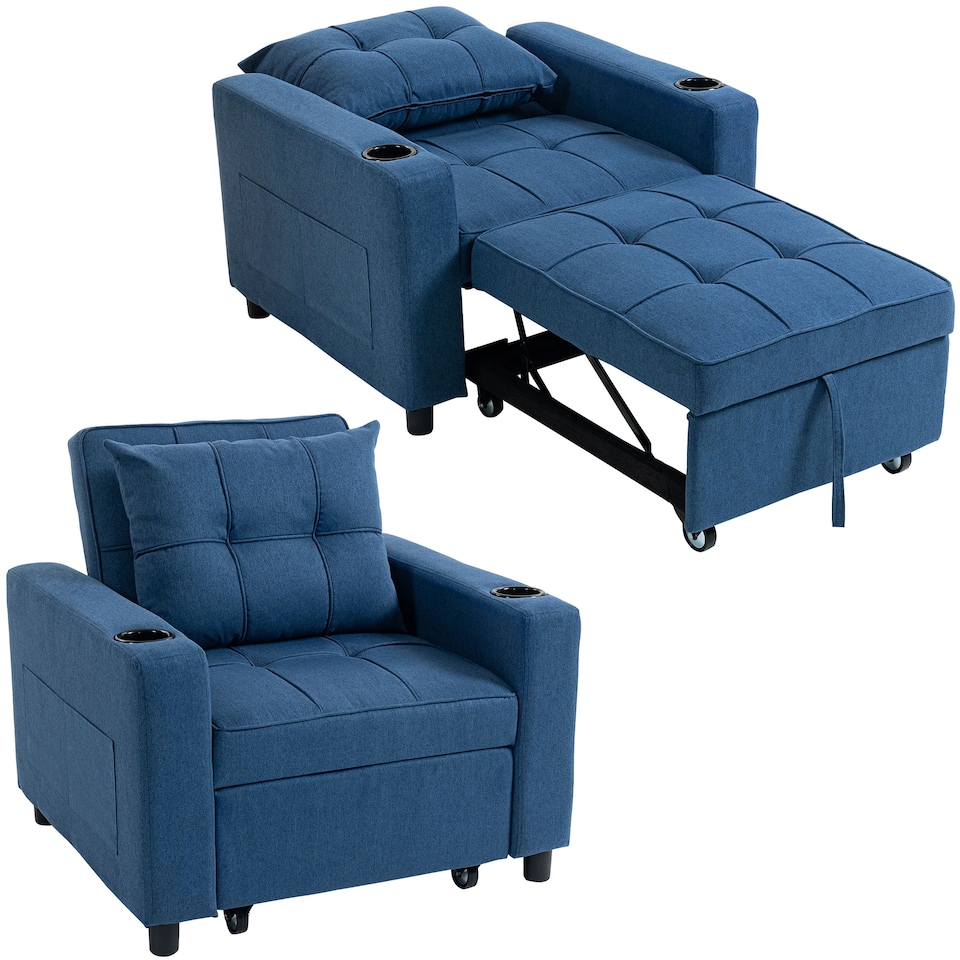 image 1 of HOMCOM 3-in-1 Single Sofa Bed, Convertible Sleeper Chair with Adjustable Backrest, Fabric Pull Out Chair Bed with Pillow, Side Pockets and Cup Holders for Living Room, Bedroom, Dark Blue | Blue