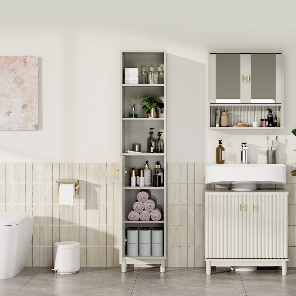 image 1 of Vonhaus Victoria Stone Freestanding Tall Bathroom Storage Cabinet with 6 Shelves