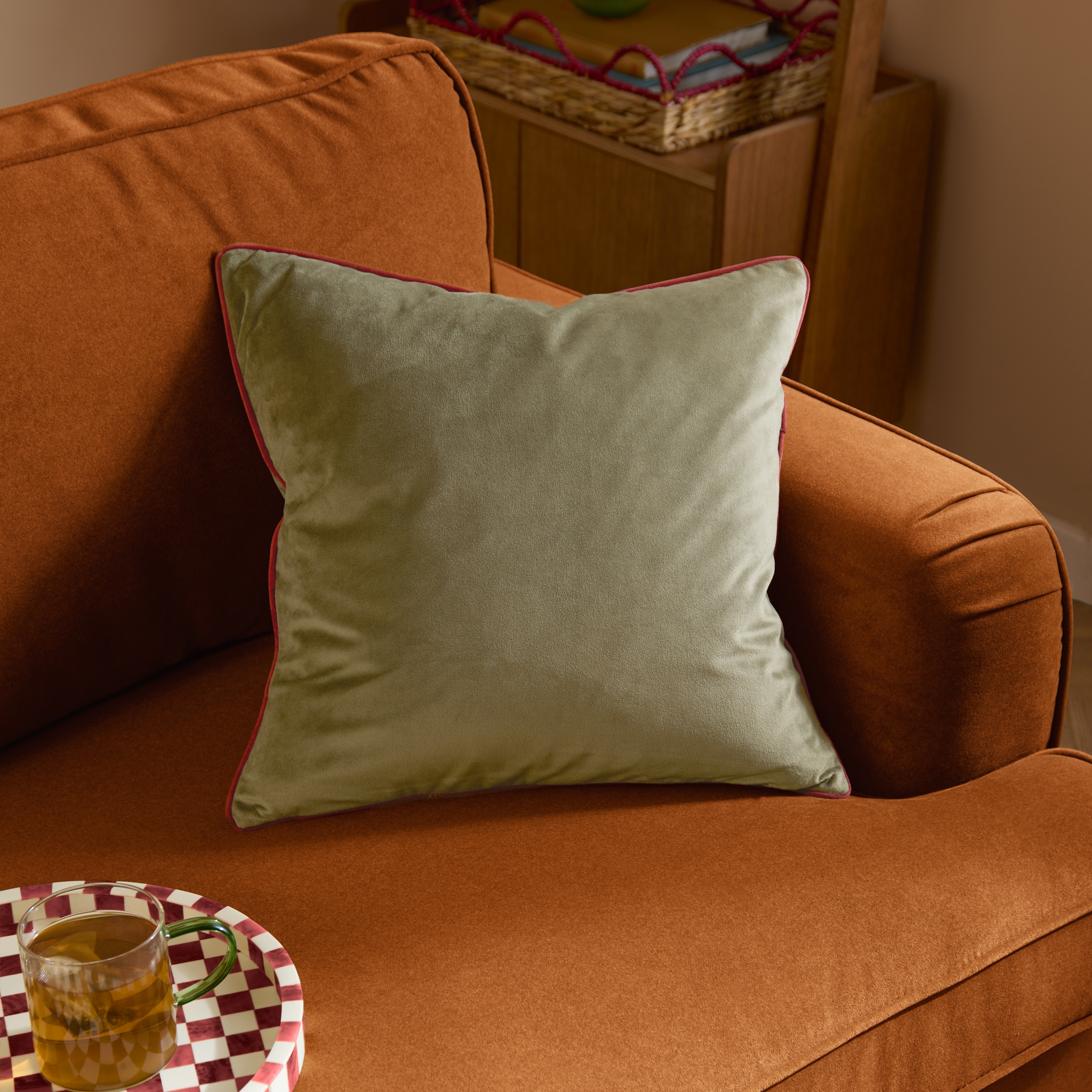 Furn Meridian Plain Velvet Piped Cushion in Khaki | Size: 45 cm x 45 cm