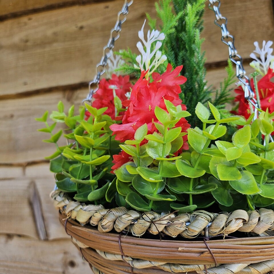 image 1 of Best Artificial 25cm / 10 Inch Red Hyacinth Hanging Basket - Suitable for Outdoor Use - Weather & Fade Resistant | Red | Red | 1