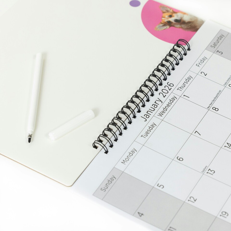 image 1 of 2026 Monthly Memo Board Calendar & Pen Puppy Design
