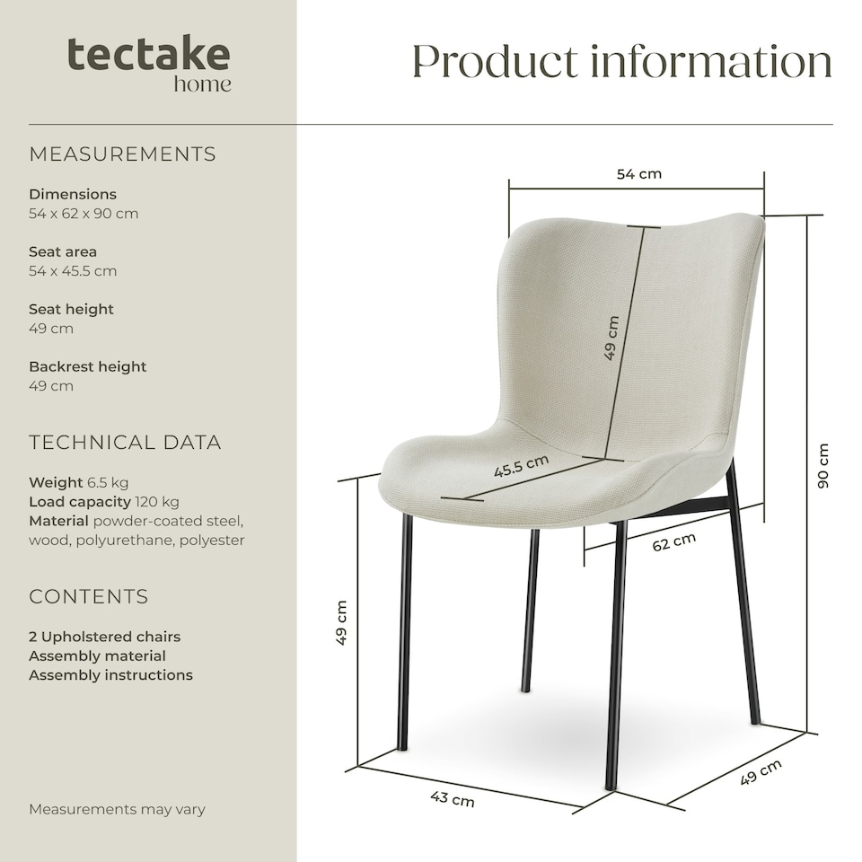 image 1 of Dining Chair Tessa - ergonomic high backrest, slim steel legs, soft fabric - Set of 2 White | Woven Fabric Off-White/Black