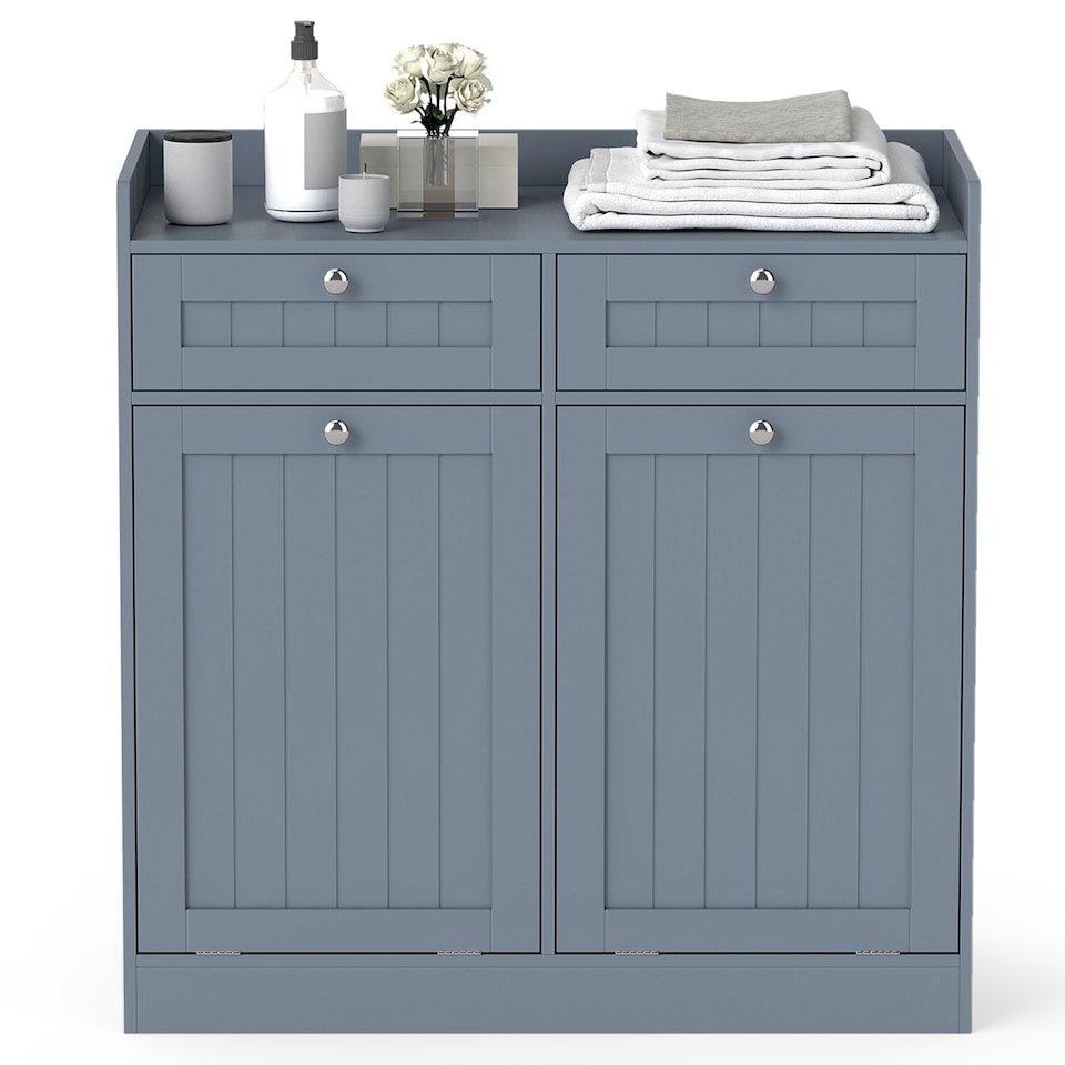 image 1 of COSTWAY Double Tilt-Out Laundry Hamper Cabinet Grey