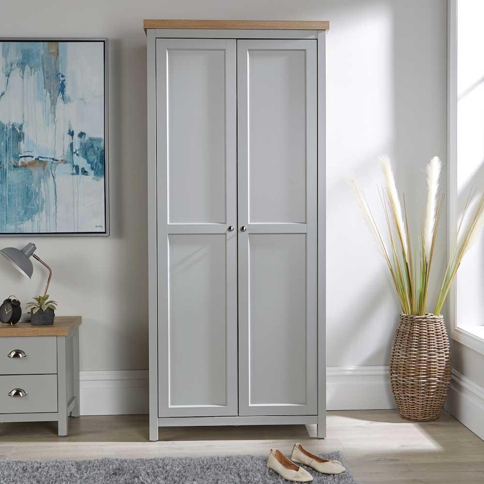 image 1 of Wardrobe 2 or 3 Door Two Tone Oak Top Wooden Hanging Rail Storage Shelves | Grey