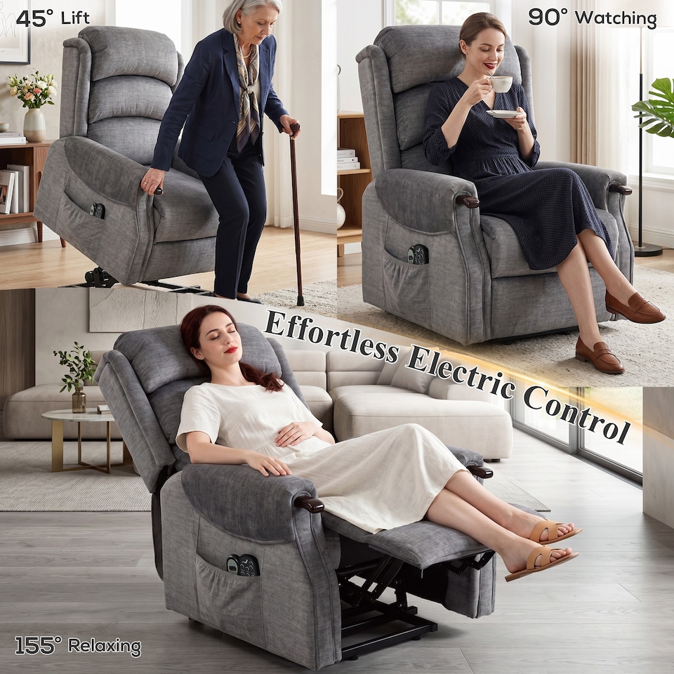 image 1 of HOMCOM Power Lift Recliner Chair with Vibration and Heat, Wood Grip