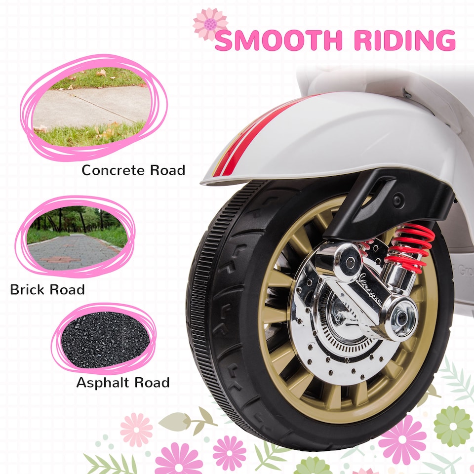 image 1 of AIYAPLAY Vespa Licensed 12V Kids Electric Motorbike, Kids Ride on Motorcycle with Music, Head Light, MP3, FM Radio, Two Training Wheels, for 3-6 Years - White