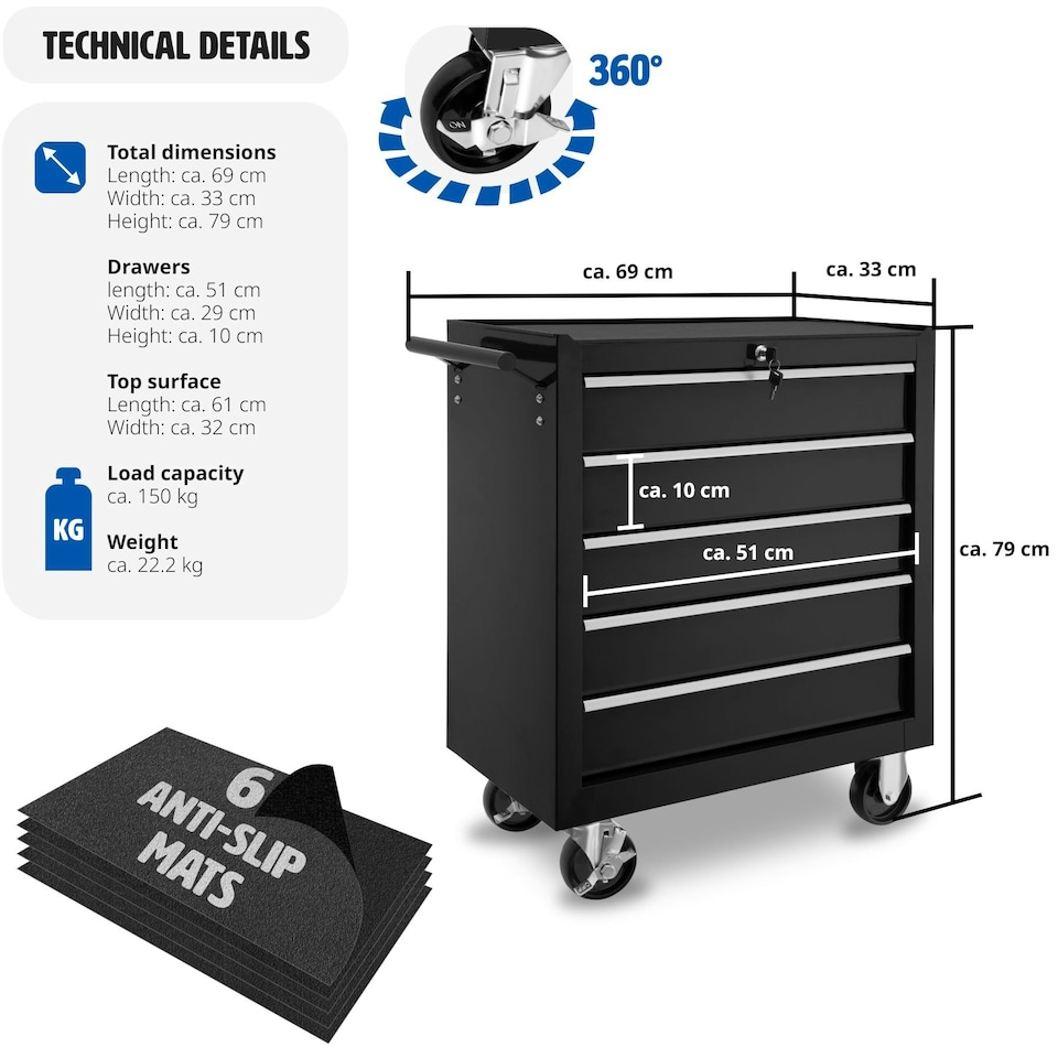 image 1 of Tool Chest - with wheels, 5 drawers, central locking system Black | Black