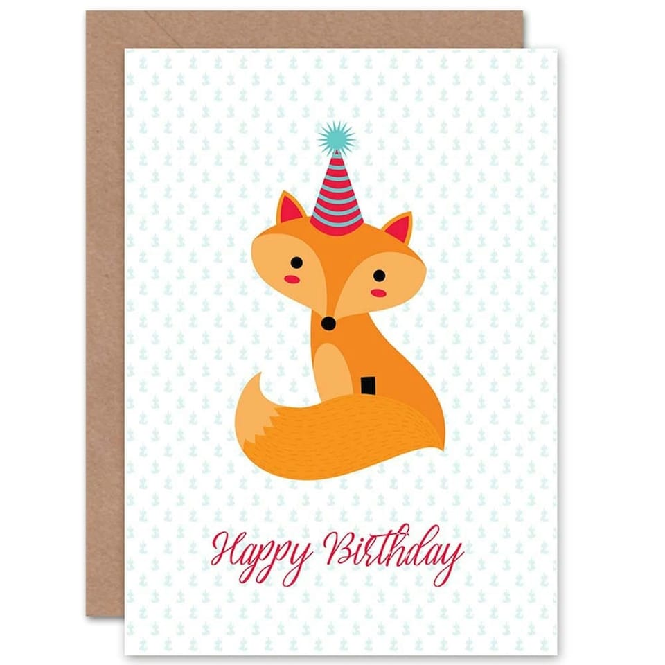 image 1 of Cute Fox With Party Hat Kids Birthday Greeting Card