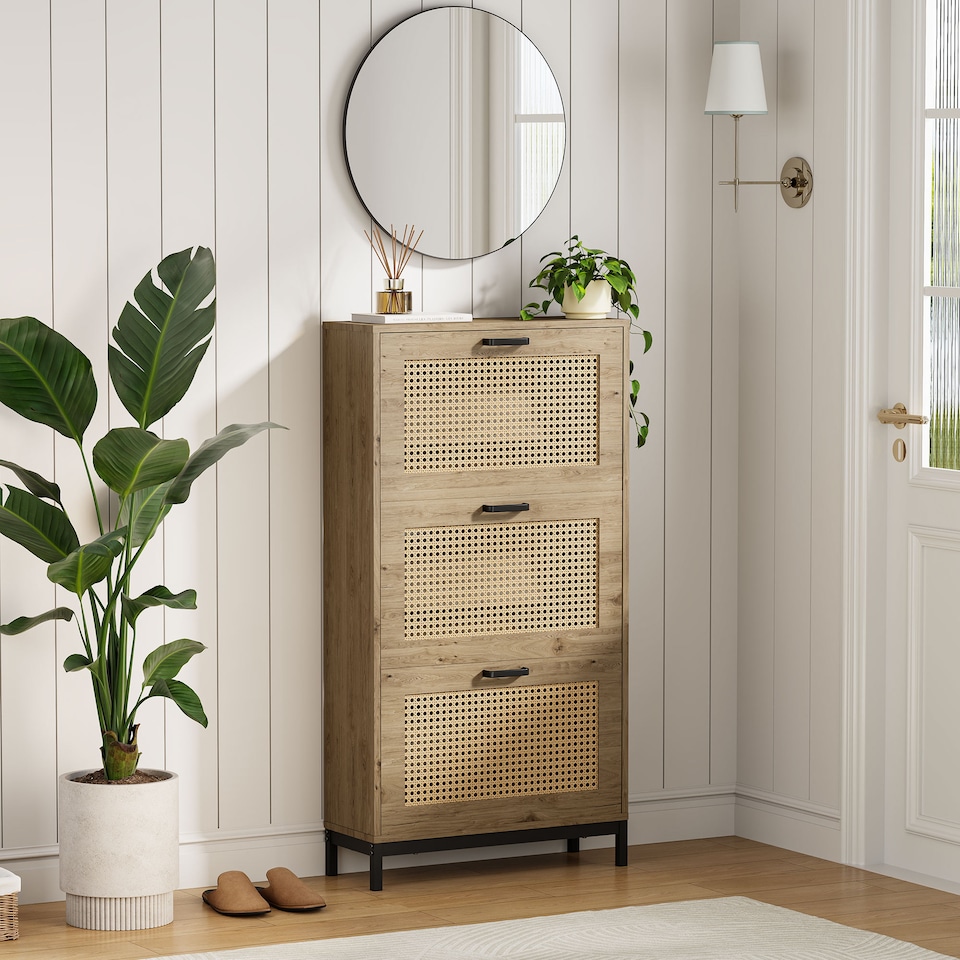 image 1 of VonHaus Rattan Shoe Storage Cabinet for Hallway with 3 Tier Drawers