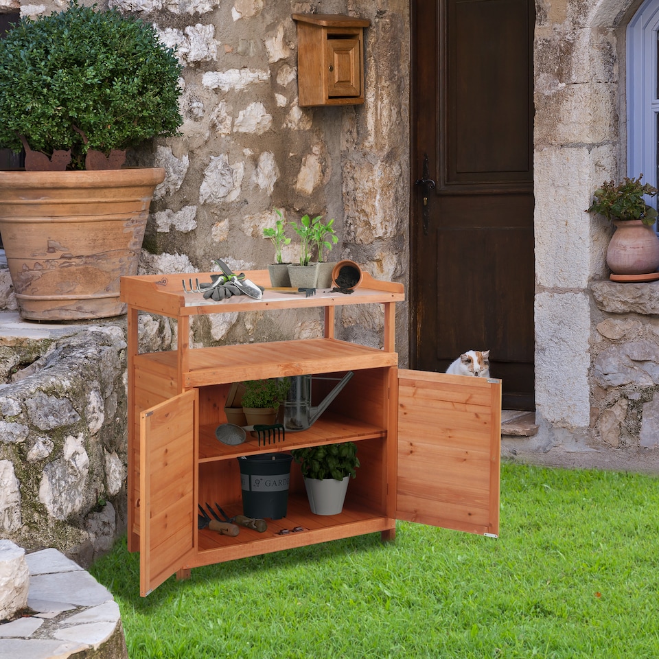 image 1 of Outsunny 2 In 1 Potting Bench Table w/ Storage Cabinet and Galvanized Table Top