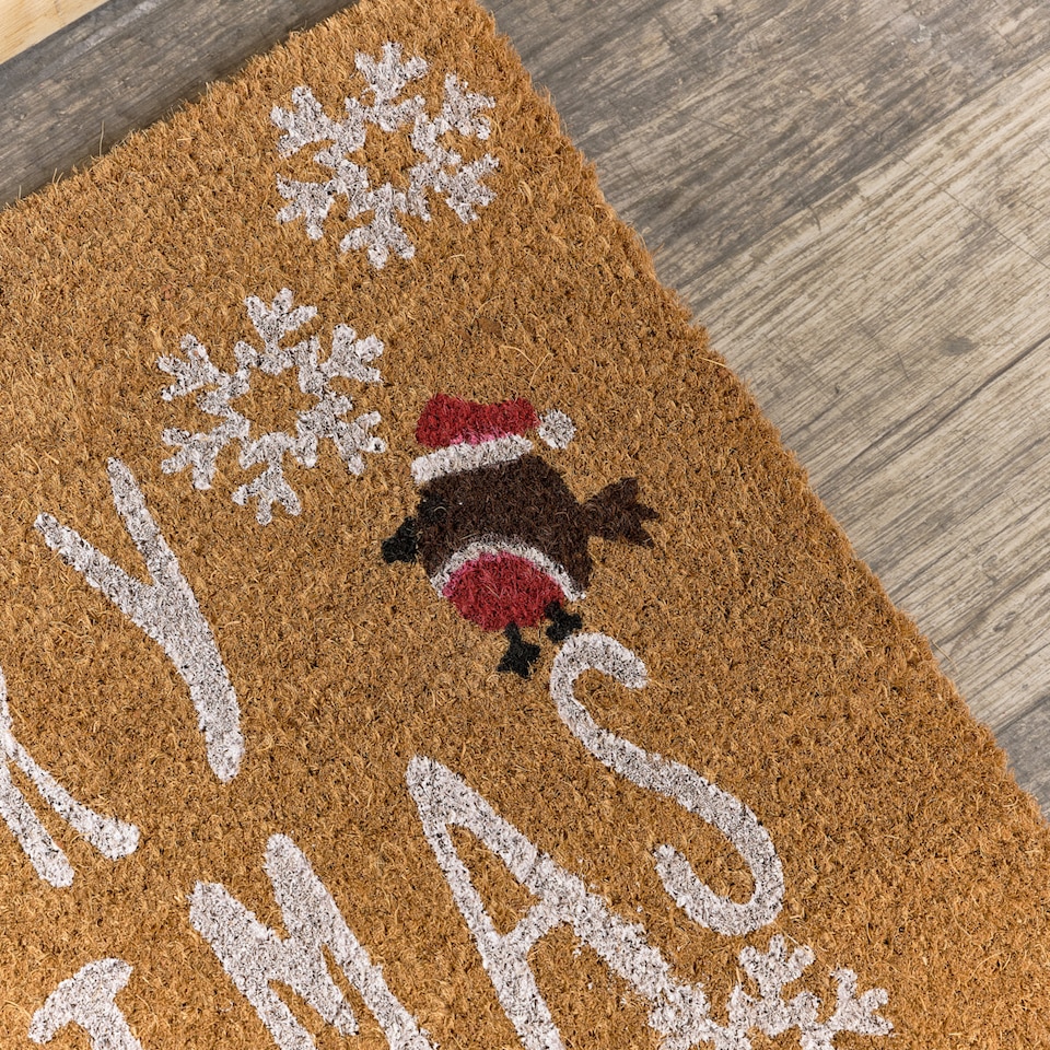 image 1 of Merry Christmas Robin Detail PVC Backed Coir Door Mat 60cm X 40cm