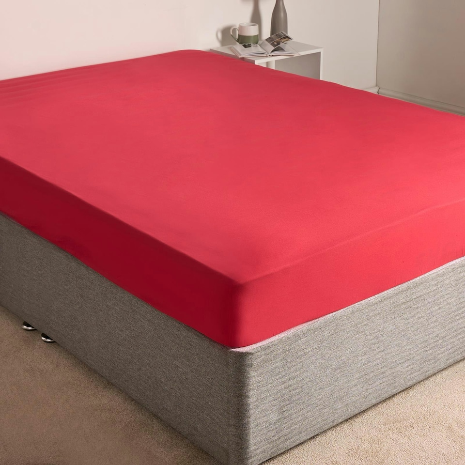 image 1 of OHS Plain Fitted Bed 25cm Deep Elasticated Sheet, Double - Red