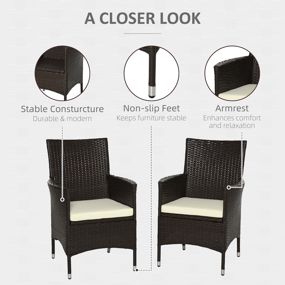 image 1 of Outsunny 2 Pieces Outdoor PE Rattan Dining Chairs Set with Cushion, Garden Armchair with Armrests, High Backrest, Metal Frame Patio Wicker Furniture, Coffee
