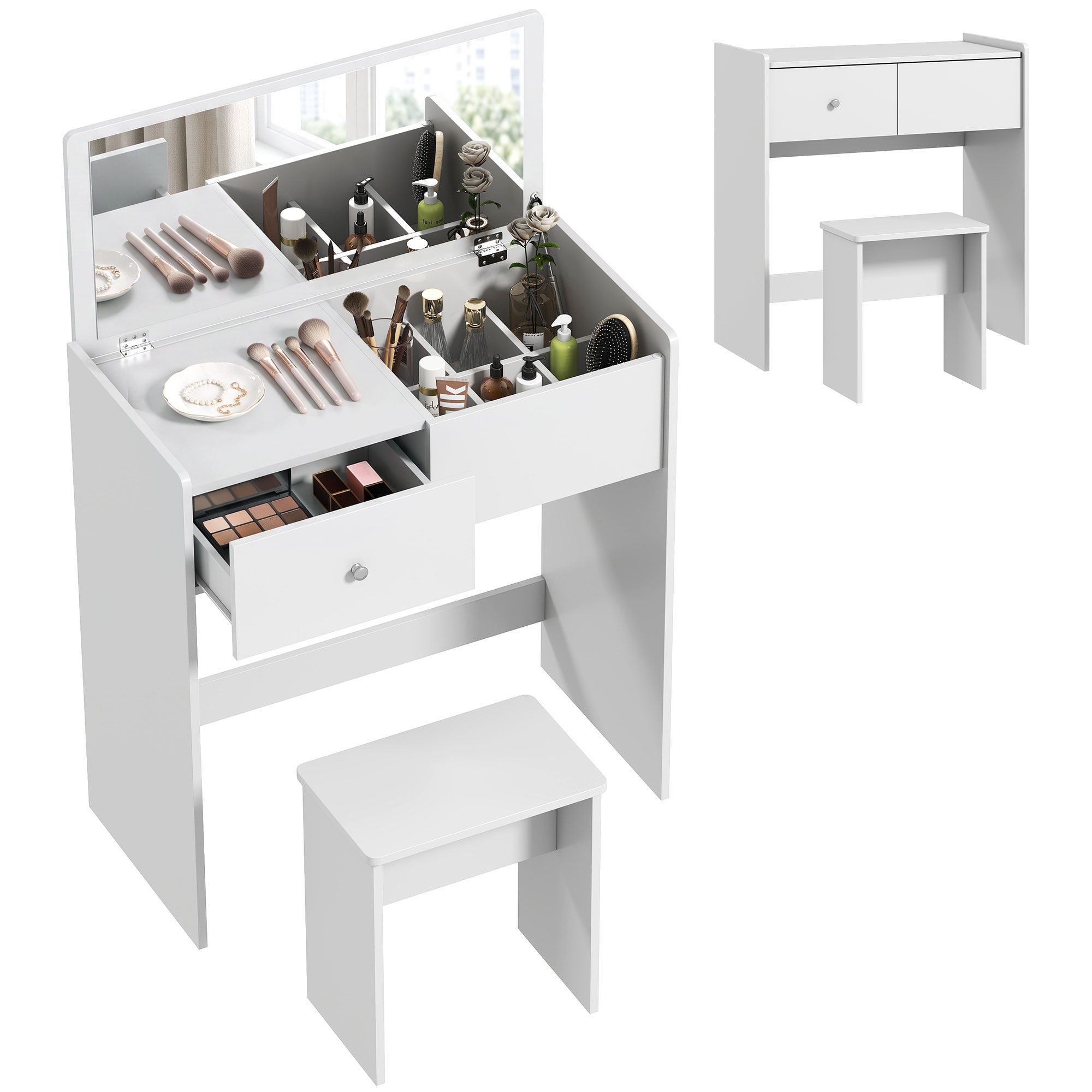 HOMCOM 2-in-1 Dressing Table Flip Top Mirror and Hidden Stool
