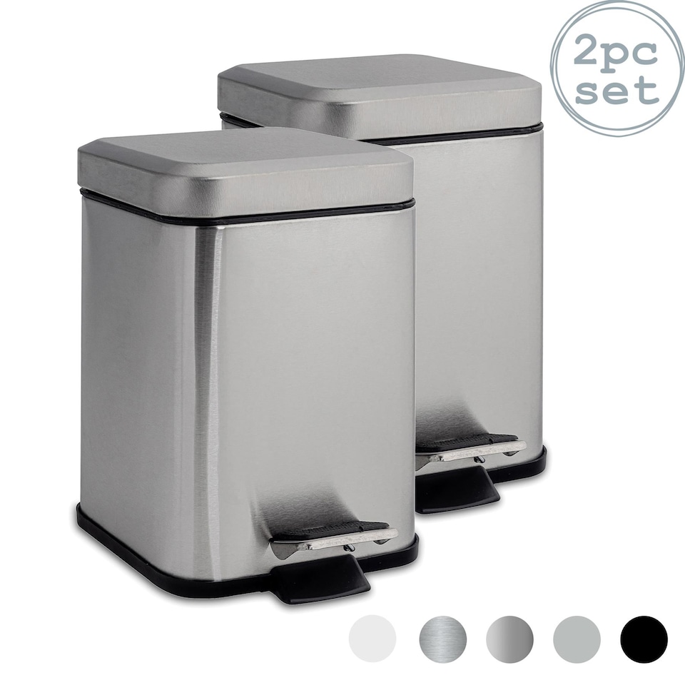 image 1 of Harbour Housewares 2x Bathroom Pedal Bins - 3L - Brushed - Square Stainless Steel Slim Rubbish Dustbin Lid and Inner Liner Bucket