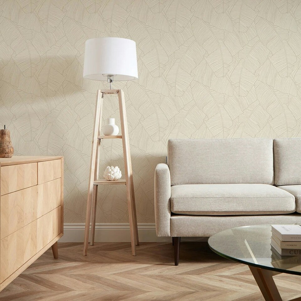 image 1 of Banana Leaf Wallpaper in Mushroom and Cream Multi
