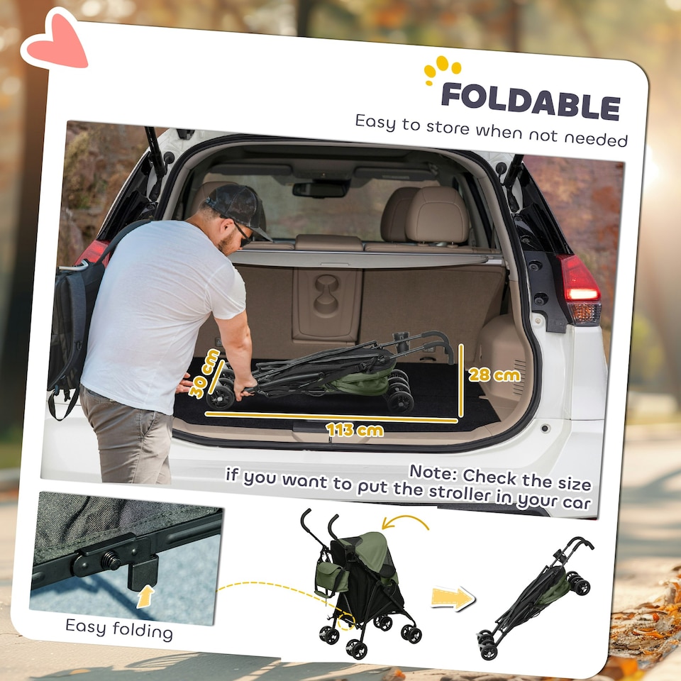 image 1 of PawHut Lightweight Foldable Dog Stroller for Mini Dogs | Green | 76L x 44W x 103H cm