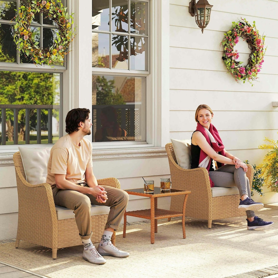 image 1 of Outsunny 2 Pieces Rattan Garden Chairs, Cushioned Rattan Chairs, Light Grey
