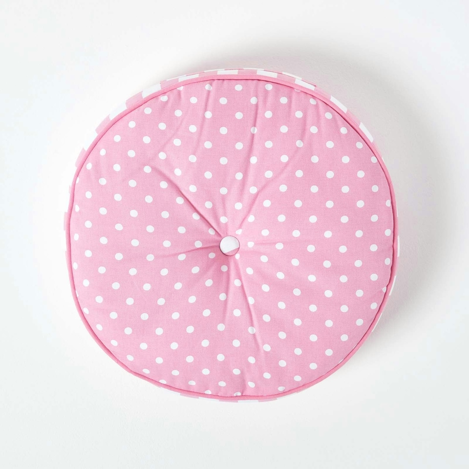 image 1 of Homescapes Pink Polka Dots & Stripes Round Floor Cushion