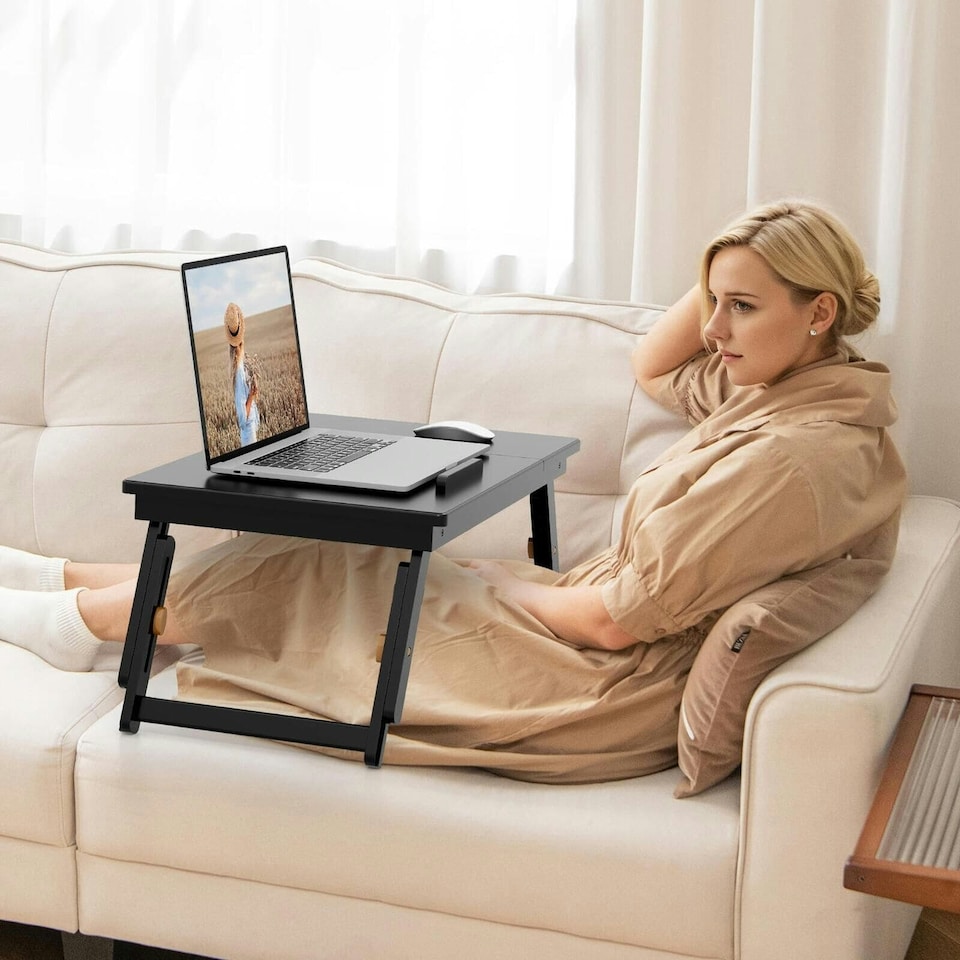 image 1 of COSTWAY Laptop Lap Table w/Adjustable Legs & Storage Drawer | Brown