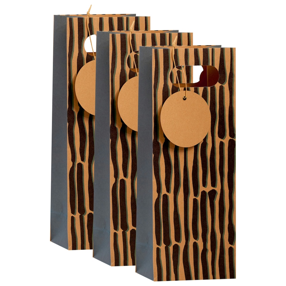 image 1 of Multipack of 3 Bottle Gift Bags | Party Bags for Presents | Birthdays/Thank You | For Him/Her/Friend | Eco Block Print Design Brown