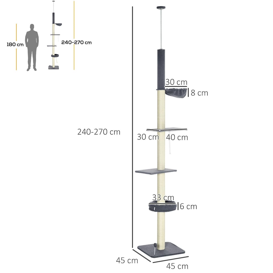 image 1 of PawHut 5 Tier Cat Climbing Tower, 240-270cm Height Adjustable, Dark Grey