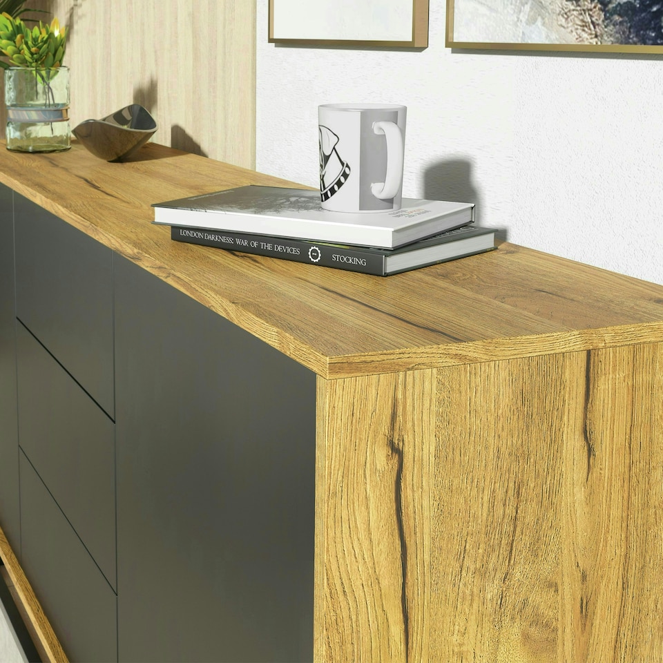 image 1 of Sideboard 140cm Oak Body with Black Drawer and Door Fronts Multi