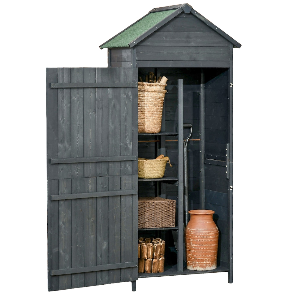 image 1 of Outsunny Wooden Outdoor Storage Shed, Compact Utility Outdoor Tool Shed with Lockable Double Doors and Shelves, Grey