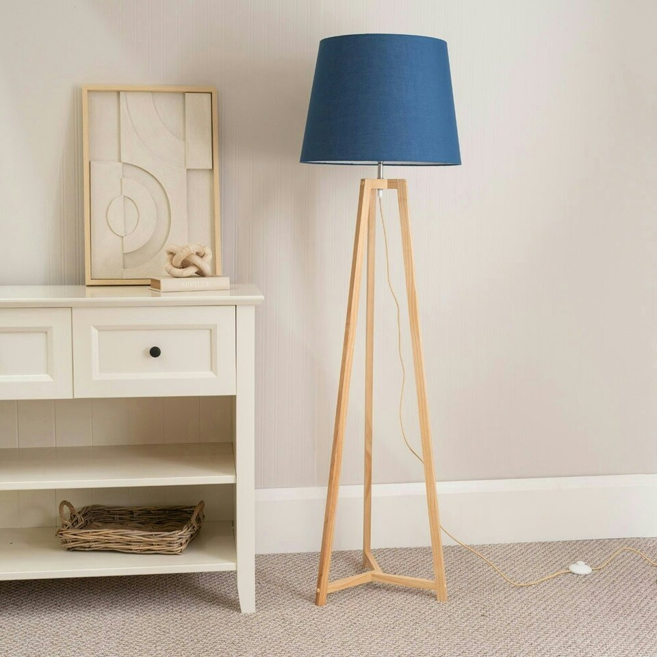 image 1 of ValueLights Lottie Natural Wood Tripod Floor Lamp with Navy Blue Fabric Tapered Shade